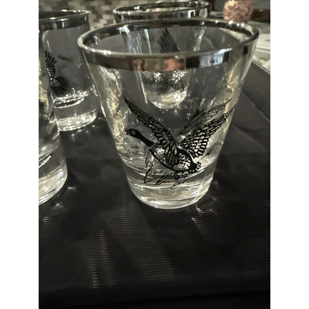 VTG Federal Glass Set 4 Goose, Pheasant, Grouse, Canvasback Clear/Black/Silver